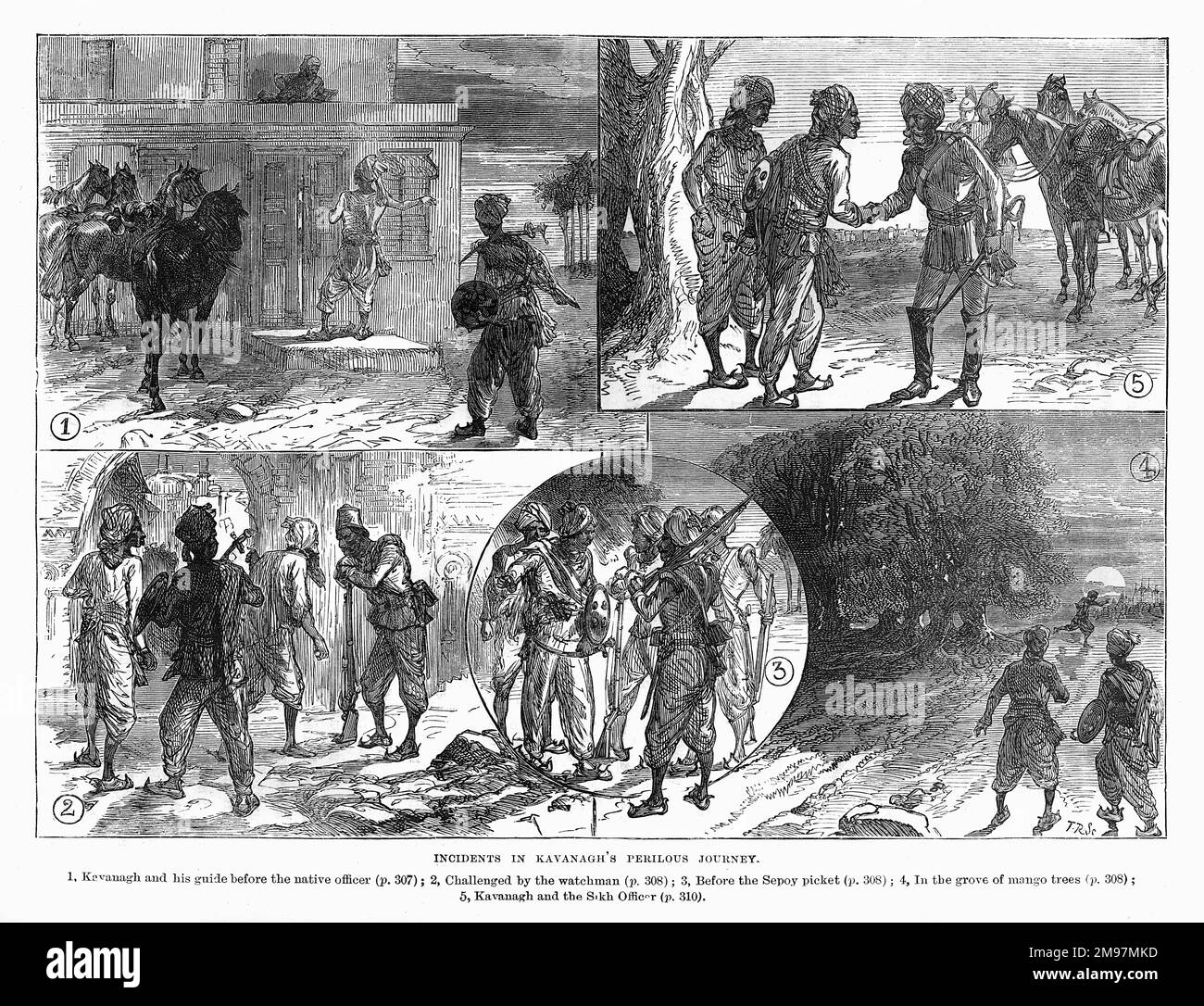 Szenen von Thomas Henry Kavanaghs (1821-1882) gefährlicher Reise zur Befreiung von Lucknow während der indischen Mutiny, für die er das Victoria Cross erhielt. Sie zeigen Kavanagh und seinen Reiseleiter vor dem einheimischen Offizier (oben links), herausgefordert vom Wächter (unten links), vor der Sepoy-Streikposte (Kreis), im Hain der Mangobäume (unten rechts) und Kavanagh mit dem Sikh-Offizier (oben rechts). Stockfoto
