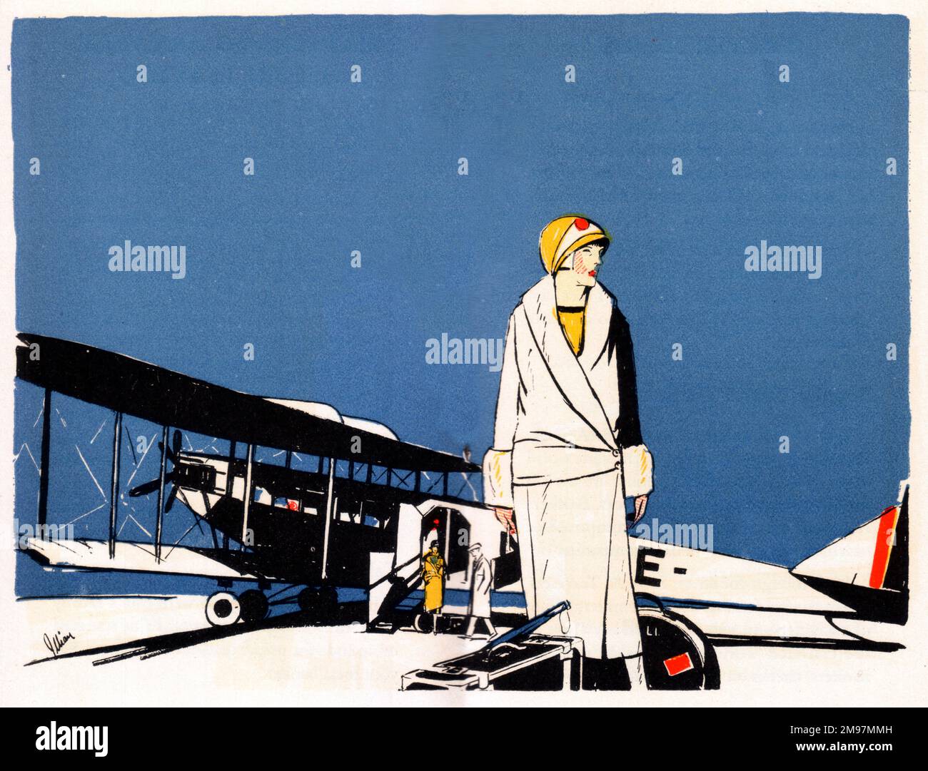 Die elegante Passagierin wartet auf ihren Flug auf dem Flugplatz - ihr Doppelflugzeug wartet auf Sie. Stockfoto