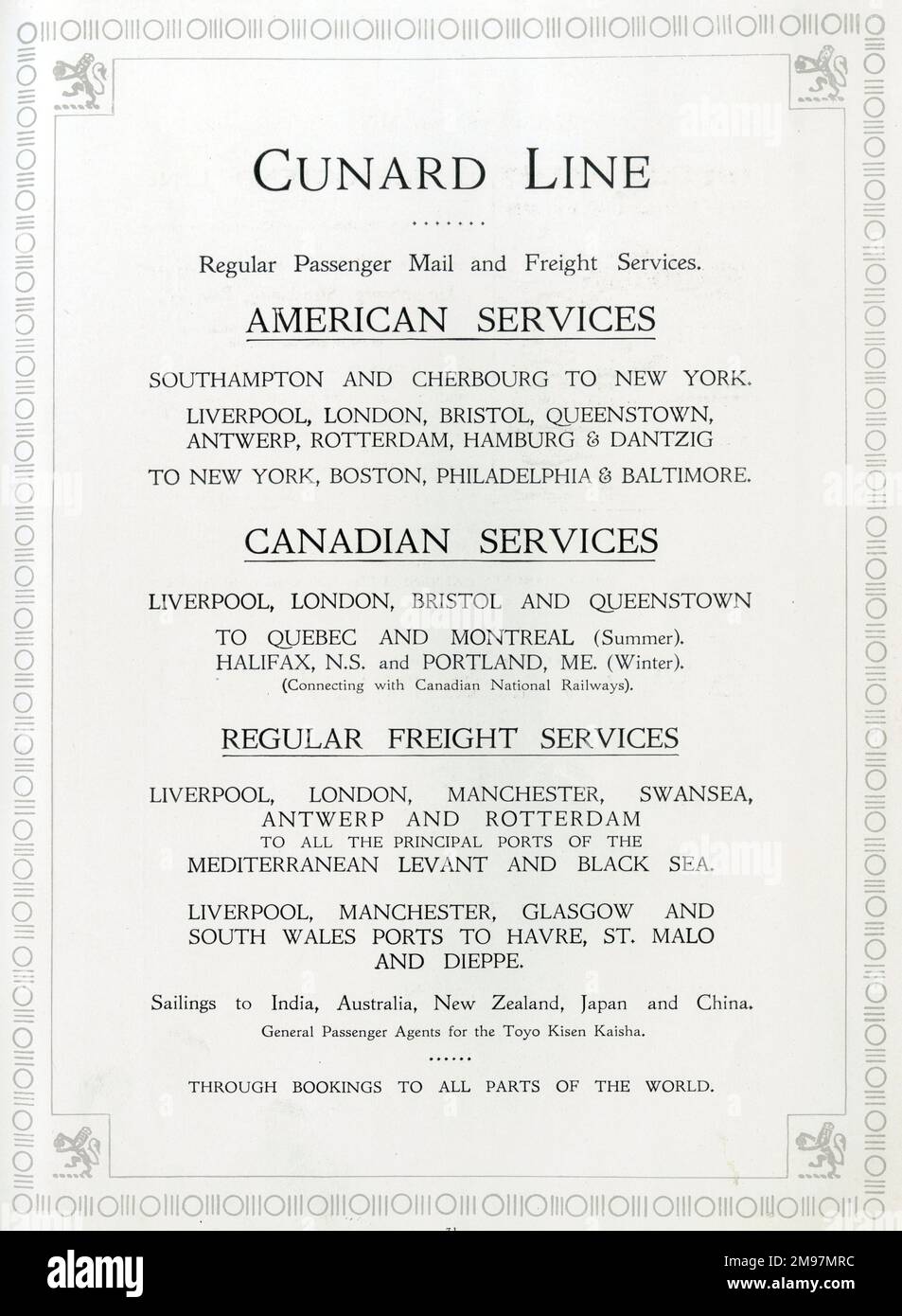 Broschürenseite, auf der die regelmäßigen Passagier-, Post- und Frachtdienste der Cunard Company aufgeführt sind. Stockfoto
