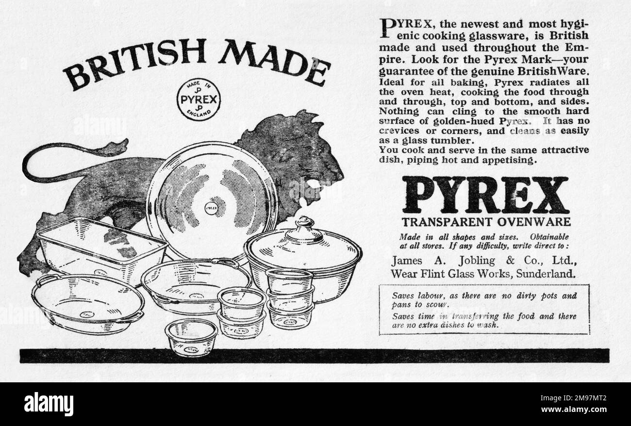The Empire Cookery Book - Werbung für Pyrex transparentes Glasgeschirr. Stockfoto