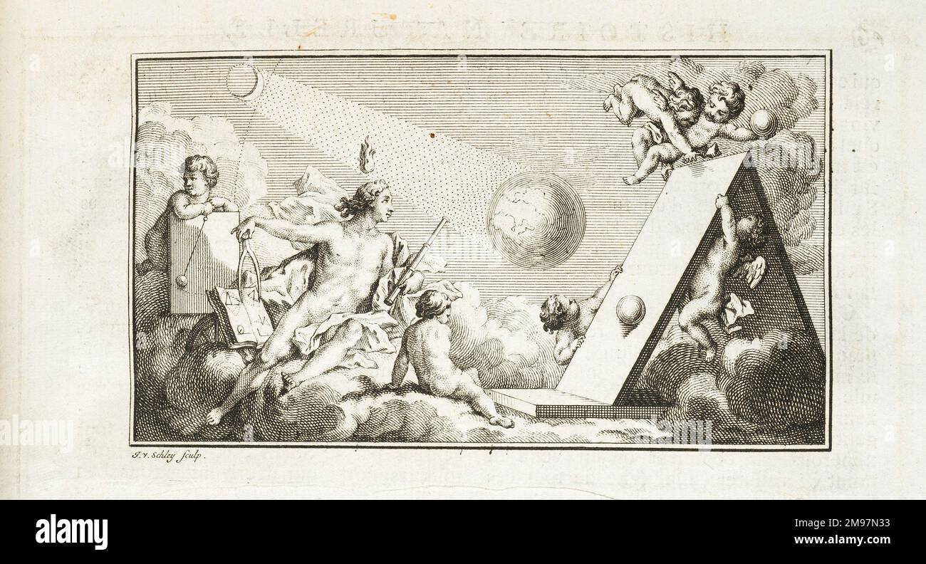 Kartierung' Sonnenfinsternis / Himmlische Körper, Trigonometrie. Gravur von J. vander Schley aus Pierre de Hondt, Histoire Naturelle generale et particle uliere avec la description du Cabinet du Roy. Header bis preuves de la Theorie de la Terre, Art. 1. Stockfoto