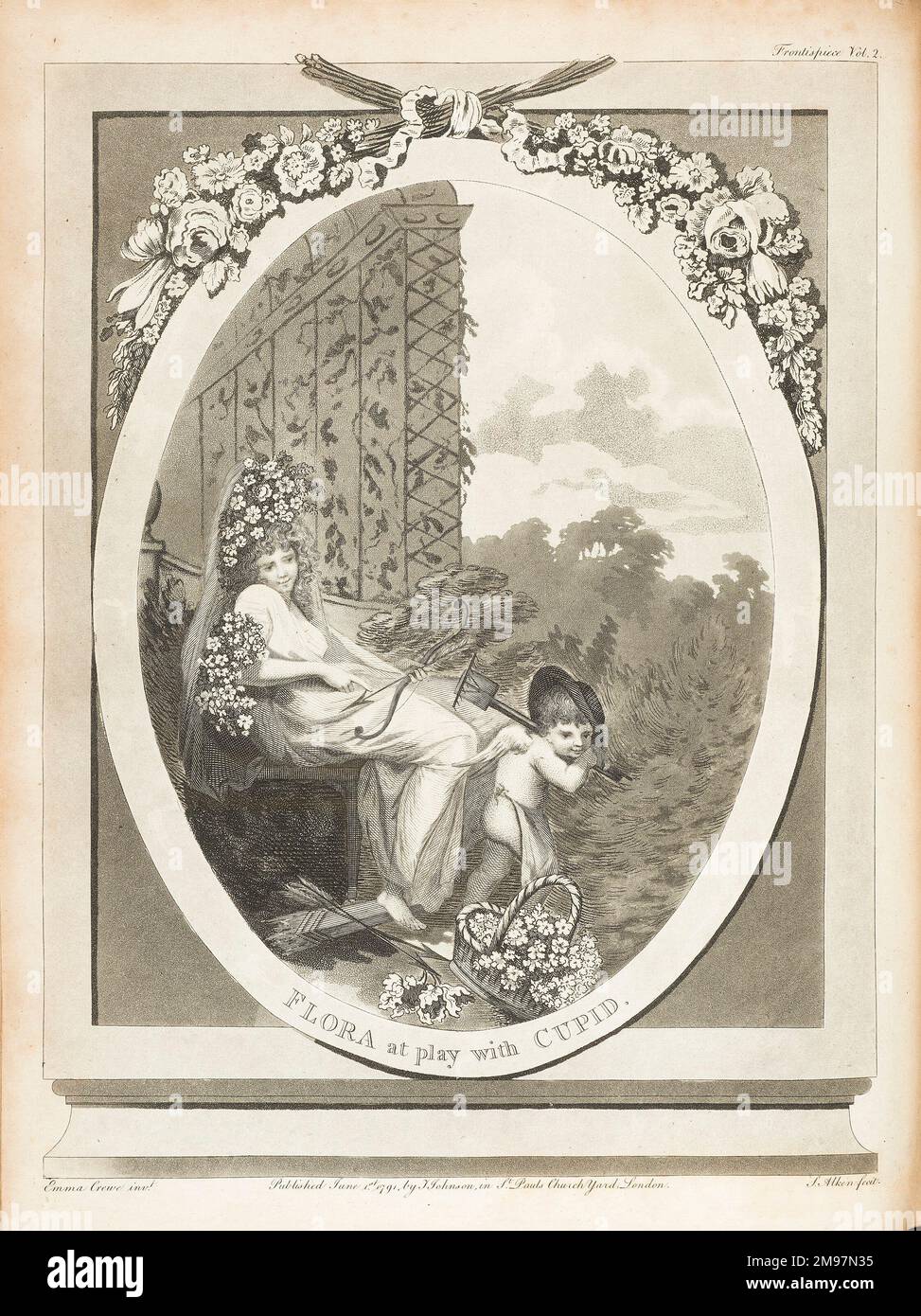Flora im Spiel mit Amor. Gravur von S. Alkin aus Erasmus Darwin, The Botanic Garden: Ein Gedicht in zwei Teilen. Frontispiece für Vol. 2. Stockfoto