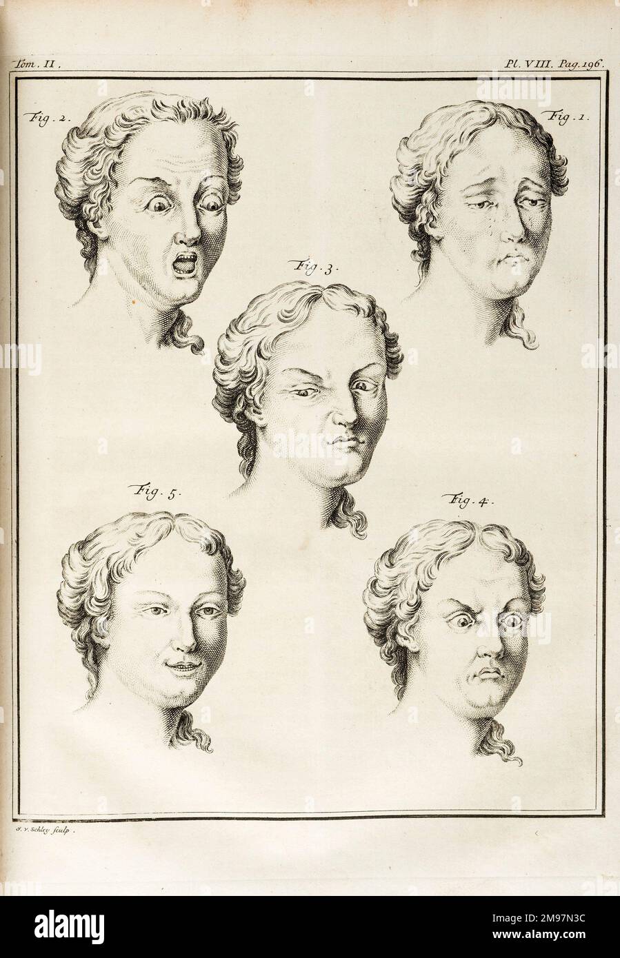 Gesichtsausdrücke. Gravur von J. vander Schley aus Pierre de Hondt, Histoire Naturelle generale et particle uliere avec la description du Cabinet du Roy. Platte VIII, Vol. 2. Stockfoto