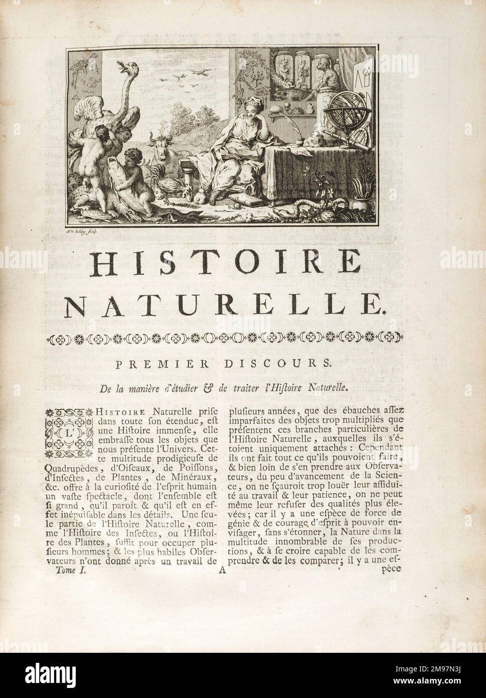 Erste Seite des ersten Diskurses: l'Histoire Naturelle. Gravur von J. vander Schley aus Pierre de Hondt, Histoire Naturelle generale et particle uliere avec la description du Cabinet du Roy. Stockfoto