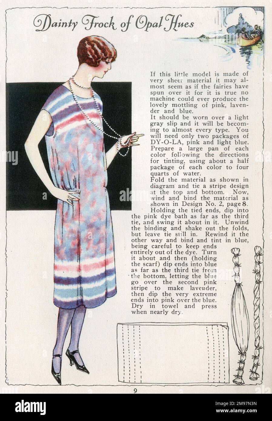 Hübsches Kleid in Opaltönen, Seite mit Anweisungen in einer Broschüre, Dy-o-la-Farbstoffe. Stockfoto