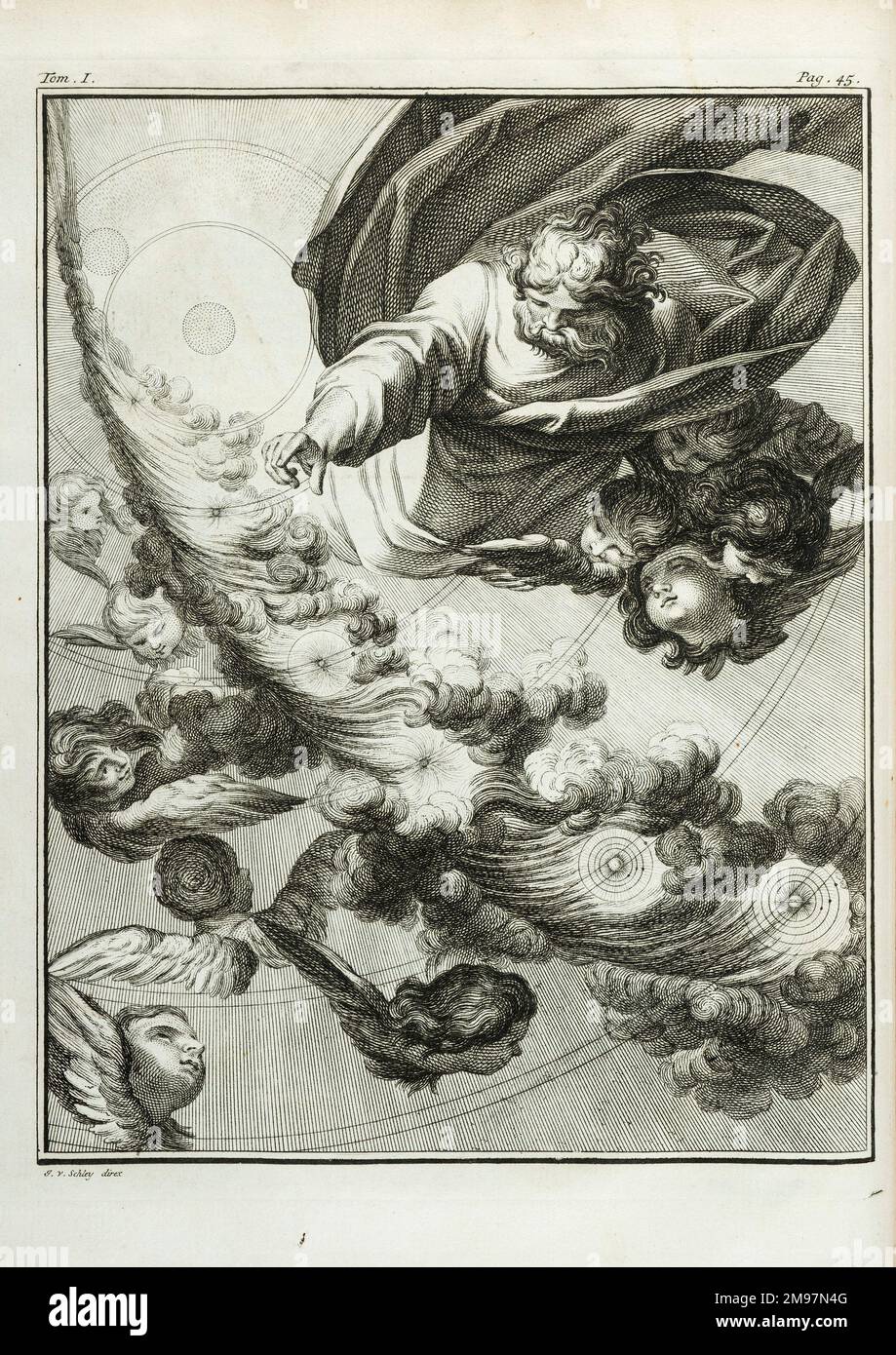 Mythos über die Entstehung von Planeten. Gravur von J. vander Schley aus Pierre de Hondt, Histoire Naturelle generale et particle uliere avec la description du Cabinet du Roy. Frontispiece zu 'preuves de la Theorie de la Terre. Artikel I. De la Formation des Planetes“. Stockfoto