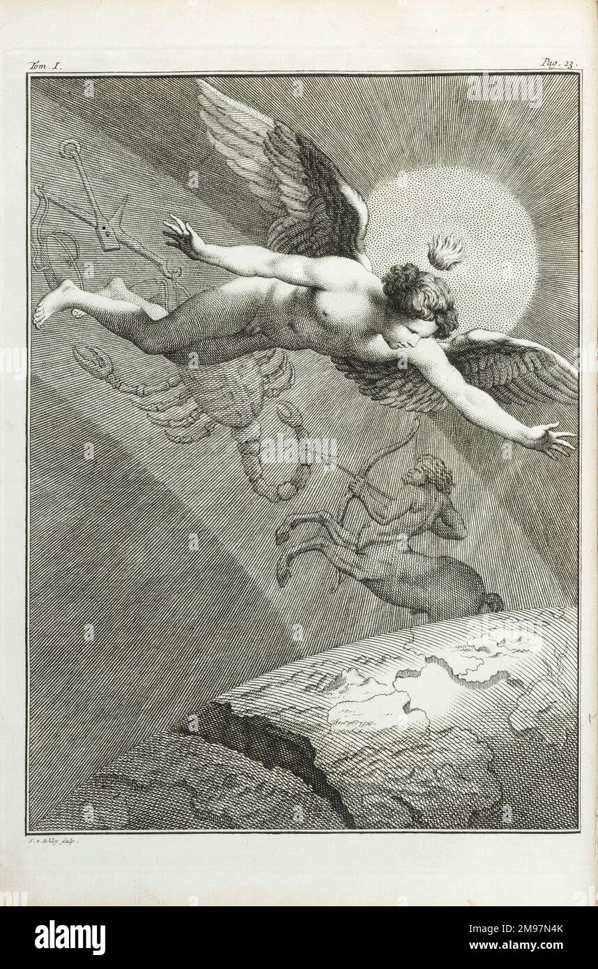Zodiac mit männlichen Flügeln, evtl. Amor/Eros. Gravur von J. vander Schley aus Pierre de Hondt, Histoire Naturelle generale et particle uliere avec la description du Cabinet du Roy. Frontispiece zum zweiten Diskurs ("zweite Discours"). Stockfoto