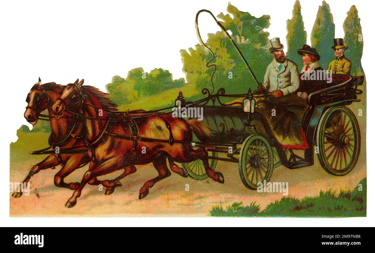 Viktorianischer Schrott, ein Paar in einer offenen Kutsche. Stockfoto