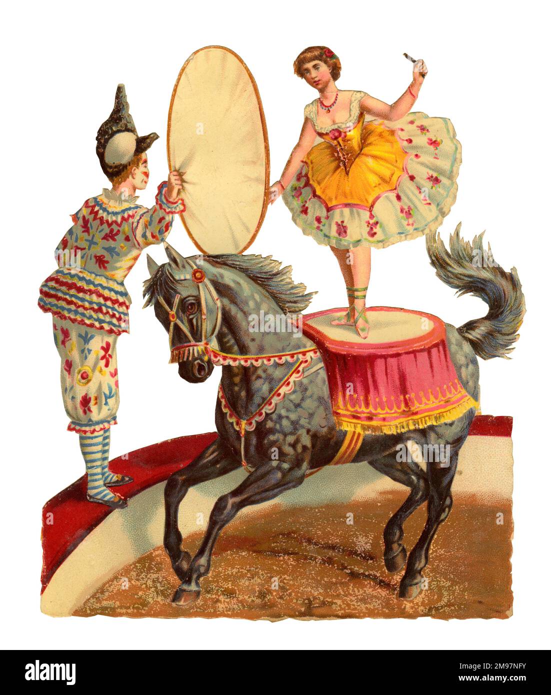 Victorian Scrap zeigt Zirkuskünstler in einem großen Zirkusring, darunter eine Dame, die auf einem Pferdchen balanciert, und ein Clown, der einen Reifen hält. Stockfoto