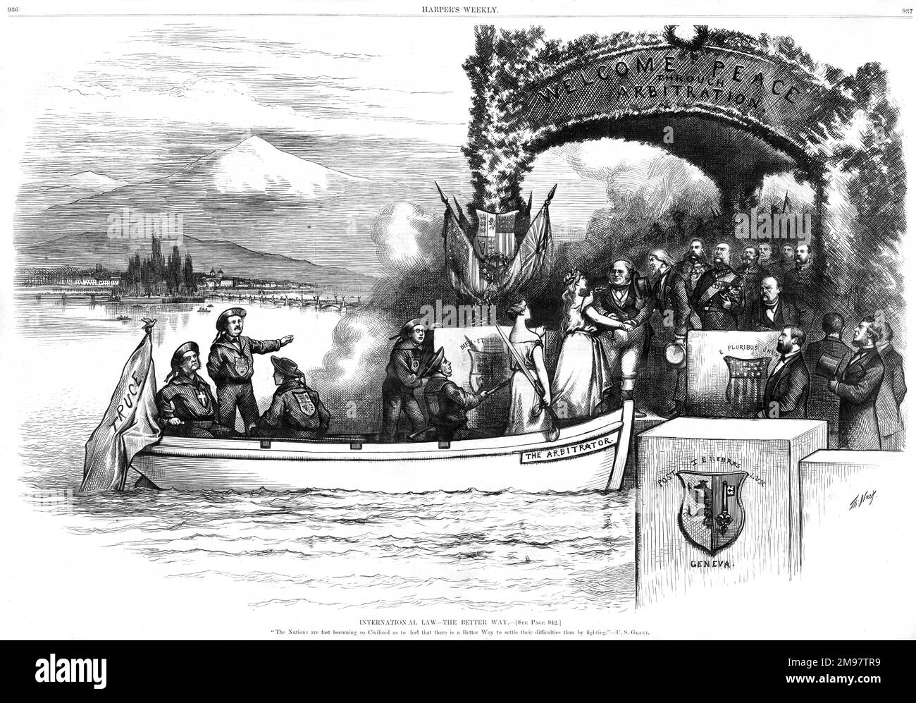 Internationales Recht - The Better Way von Thomas Nast in Harper's Weekly, 14. November 1874. Ein Schiff namens Schiedsrichter, das die Flagge des Waffenstillstands trägt, landet in Genf. Zwei allgemeinbildende Frauen, der Frieden (Taube und Olivenzweig) und die Gerechtigkeit (Schwert und Waage), bereiten sich auf den Ausstieg vor und werden von europäischen Würdenträgern begrüßt, darunter die Figur John Bull, die unter einem erhabenen Arch "Welcome Peace through Arbitration" begrüßt wird. Der Zeichentrickfilm wird mit einem Zitat von Odysseus S Grant überschrieben: "Die Nationen werden so zivilisiert, dass sie das Gefühl haben, dass es einen besseren Weg gibt, ihre Schwierigkeiten zu lösen, als durch Kampf Stockfoto