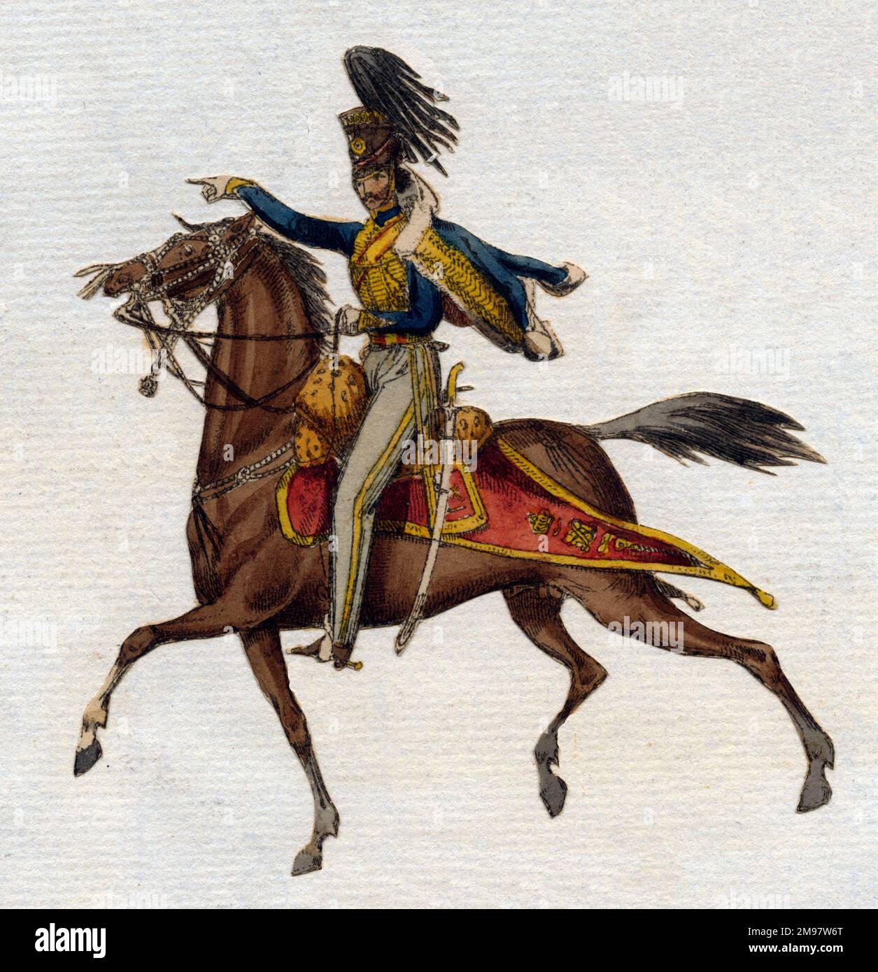 Armeeuniform, 10. Hussars, Mann auf dem Pferderücken. Stockfoto