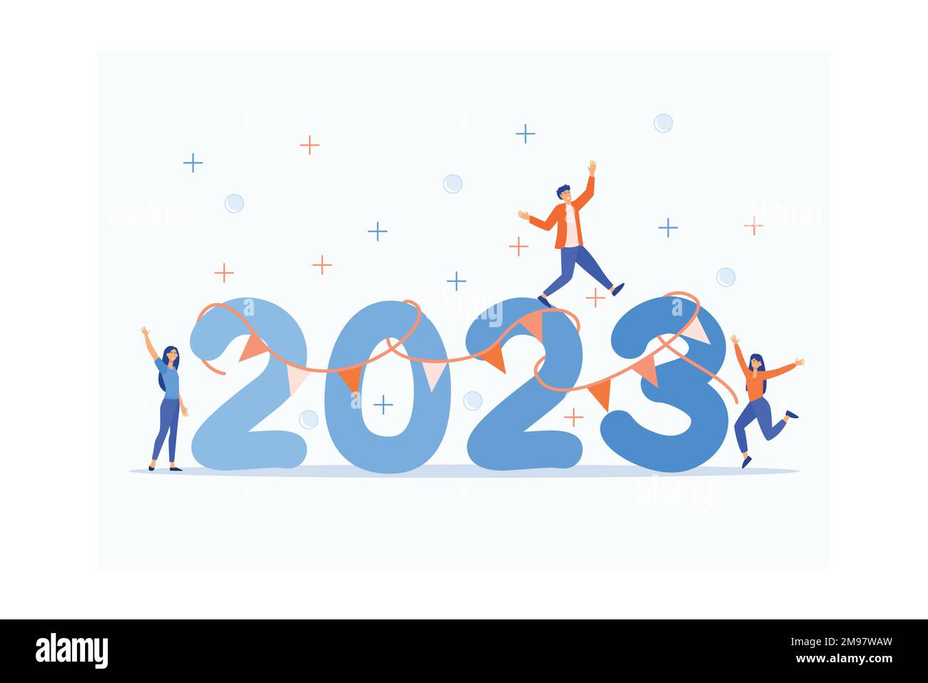 Leute feiern Silvester von 2022 bis 2023. Frohes neues Jahr 2023. Menschenaktivitäten, Dekoration, Tanzen, Spaß haben, flacher Vektor Mo Stock Vektor