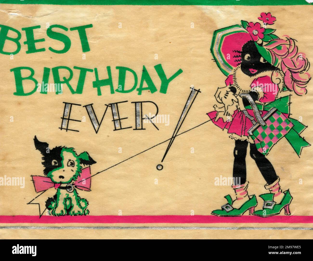Geburtstagskarte - Bester Geburtstag aller Zeiten! Ein kleines Mädchen und ihr kleiner Hund. Stockfoto