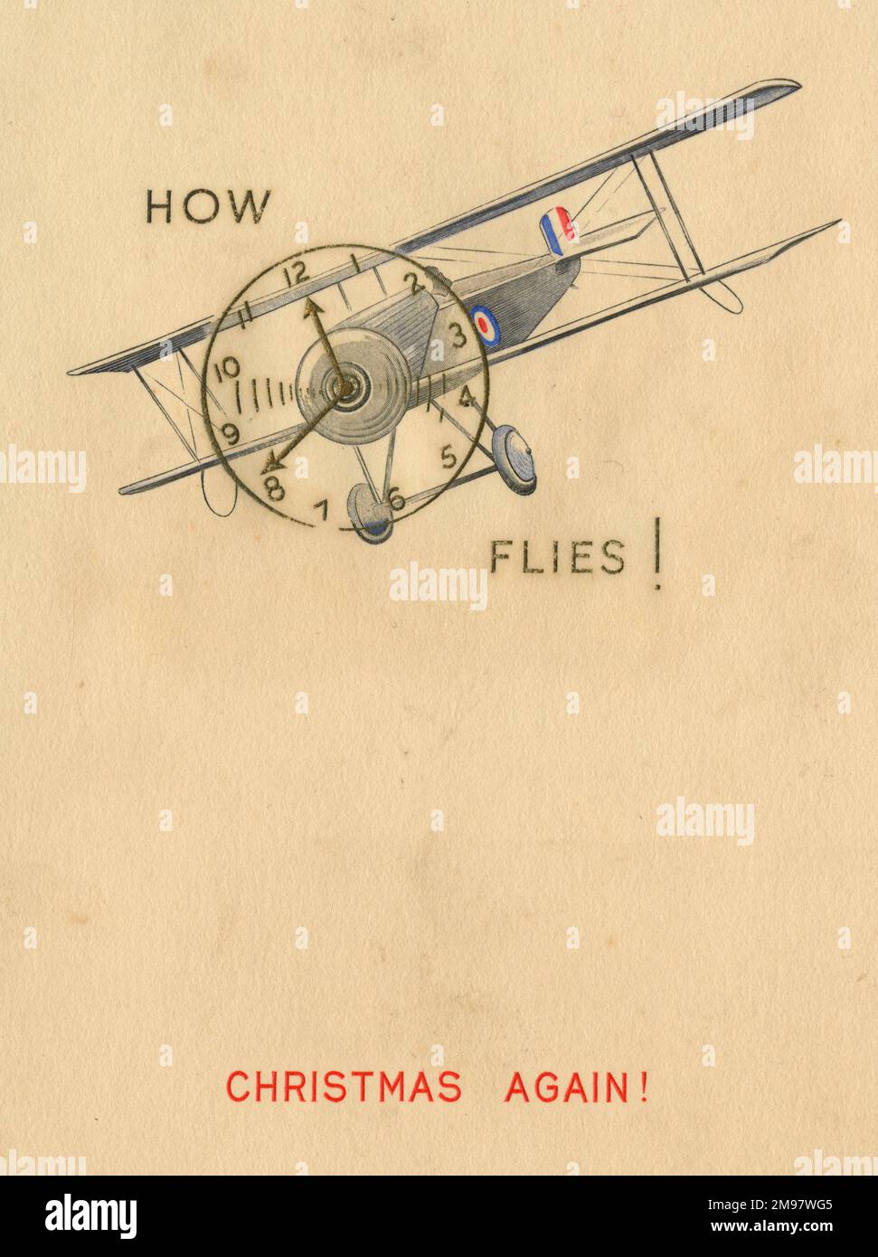 Weihnachtskarte - Zweiflugzeug aus dem Ersten Weltkrieg - wie die Zeit vergeht. Stockfoto