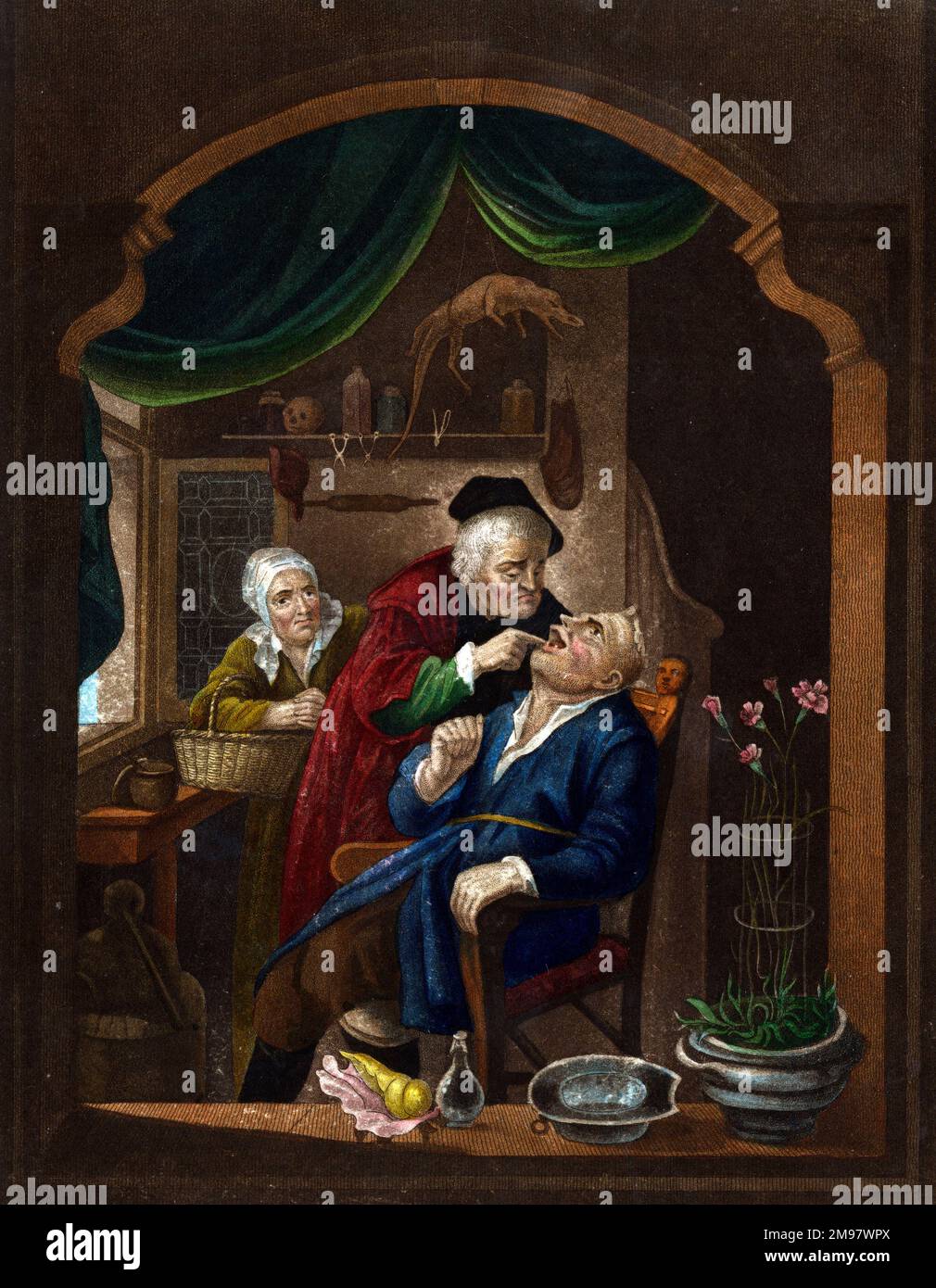 Zahnarzt - Die Zahnschublade. Gemälde von Gerard Douw (Gerrit Dou) (1613-1675). Stockfoto