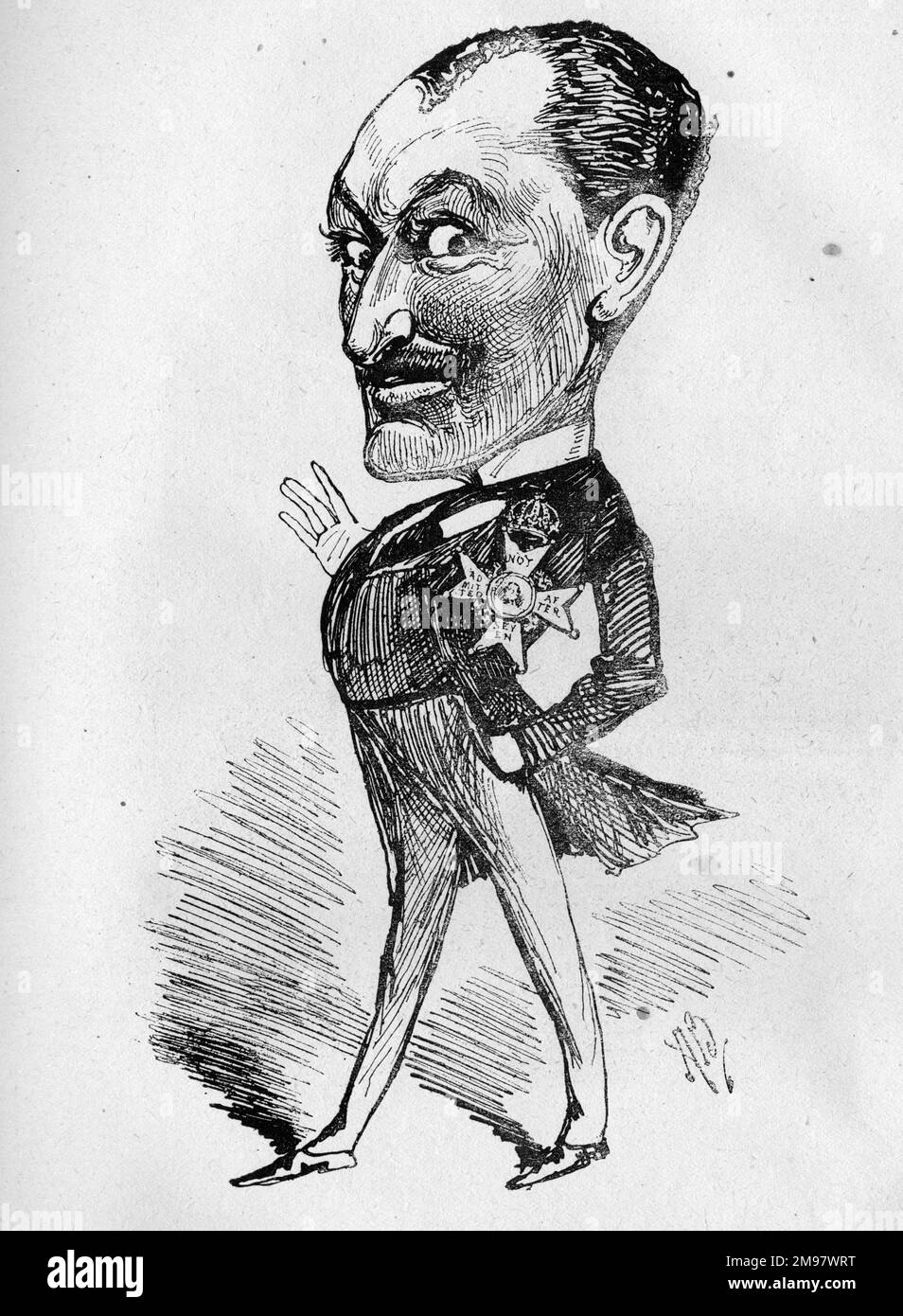 Cartoon von Augustus Harris (1852-1896), britischer Schauspieler, Dramatiker und Impresario. Meister Gus und seine neue Dekoration. Er war Manager des Drury Lane Theatre, London, von 1879, wo er mitschrieb und viele Pantomimes produzierte. Stockfoto