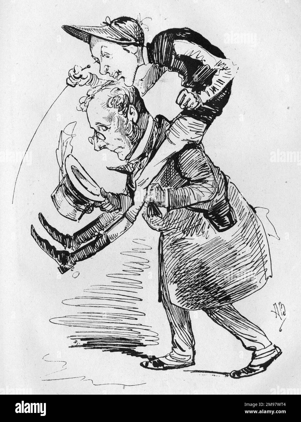 Cartoon, Frederick James (Fred) Archer (1857-1886), englischer Flachrennen-Jockey, reitet auf den Schultern seines Patrons, Evelyn Boscawen, 6. Viscount Falmouth (1819-1889), der Rennpferde züchtete und viele Rennen gewann. Stockfoto