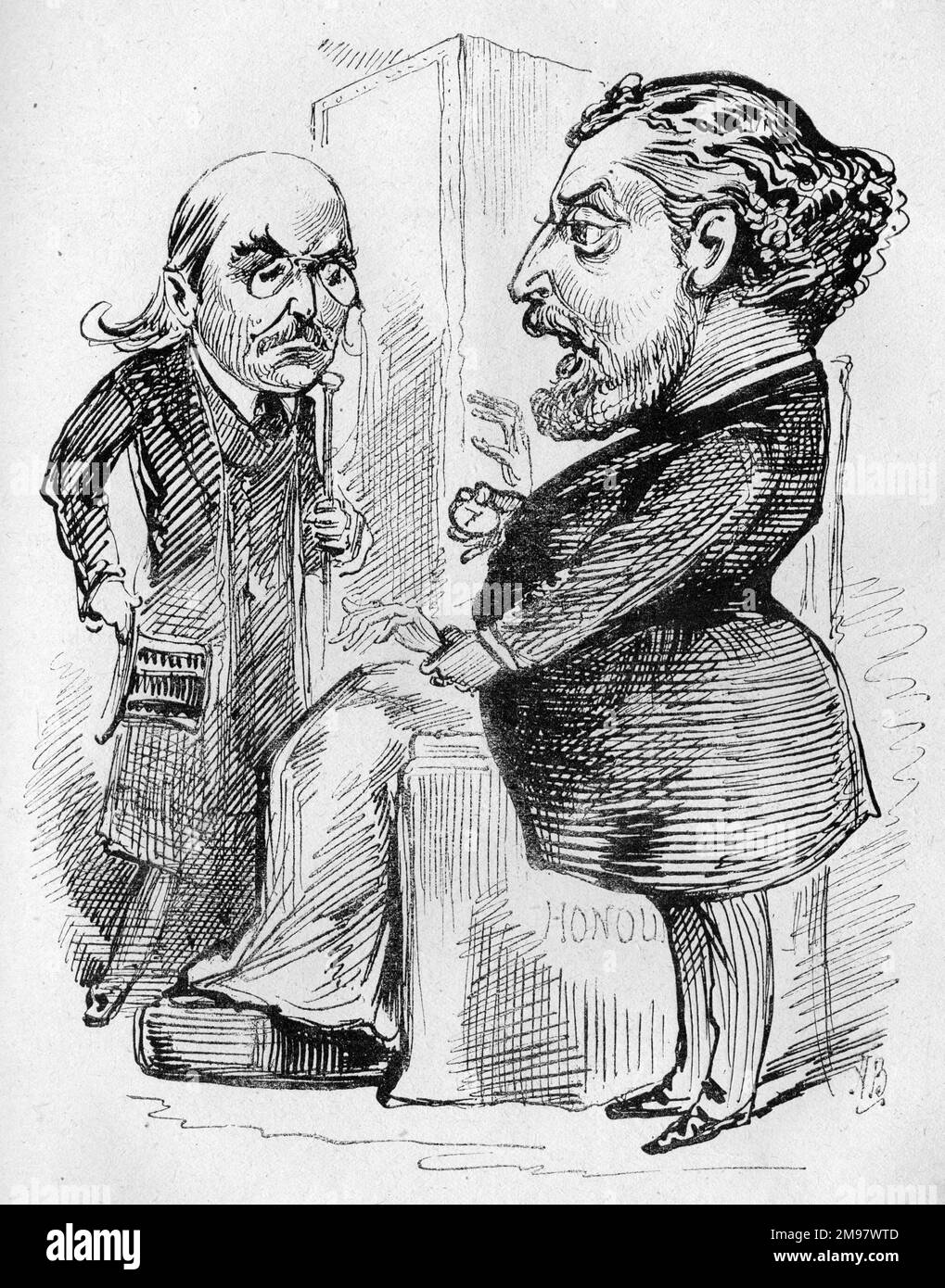 Cartoon, Edward, Prince of Wales und der irische Schauspieler und Dramatiker Dion Boucicault. Ehre soll sehr schwach sein. Der Hausarzt wurde gerufen. Ein Hinweis auf ein Stück, zu Ehren gebunden, produziert im Prince of Wales Theatre, London. Stockfoto