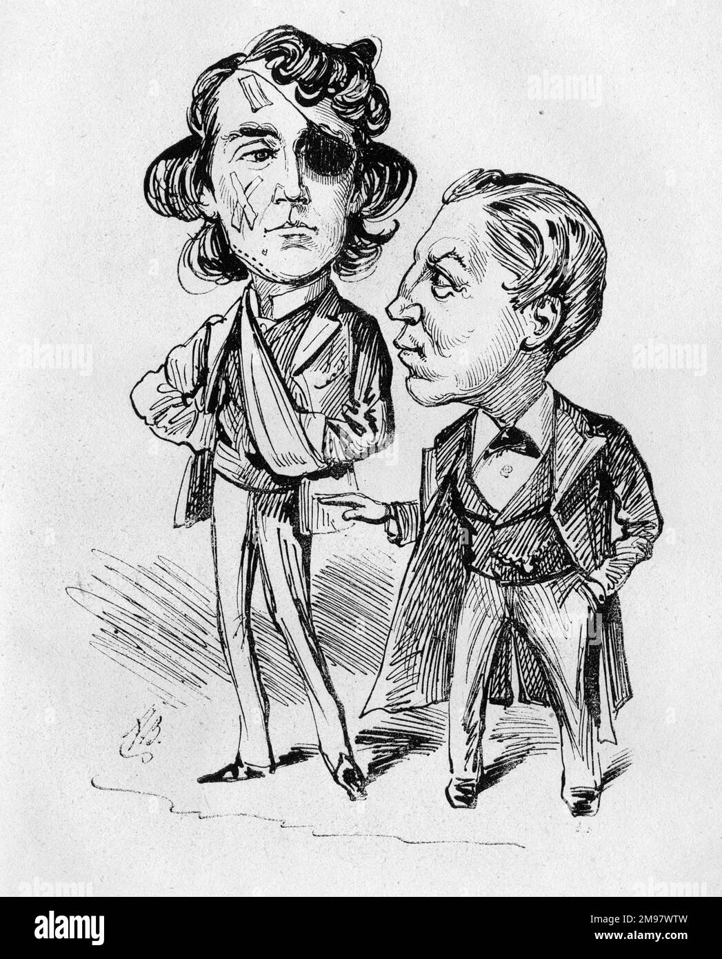 Cartoon von Harold Kyrle Money Bellew (links, 1850-1911), britischer Schauspieler und George Augustus Oliver Conquest (rechts, 1837-1901), Dramatiker, Theatermanager, akrobat und Pantomimist -- im Globe (Strand, London). Eroberung sagt Bellew, dass er sich nicht über seine Verletzungen ärgern soll -- es ist nichts, wenn man daran gewöhnt ist! Bellew wurde verletzt, als er in einem Theaterstück auftrat, der Menschheit, mitgeschrieben von Eroberung. Stockfoto