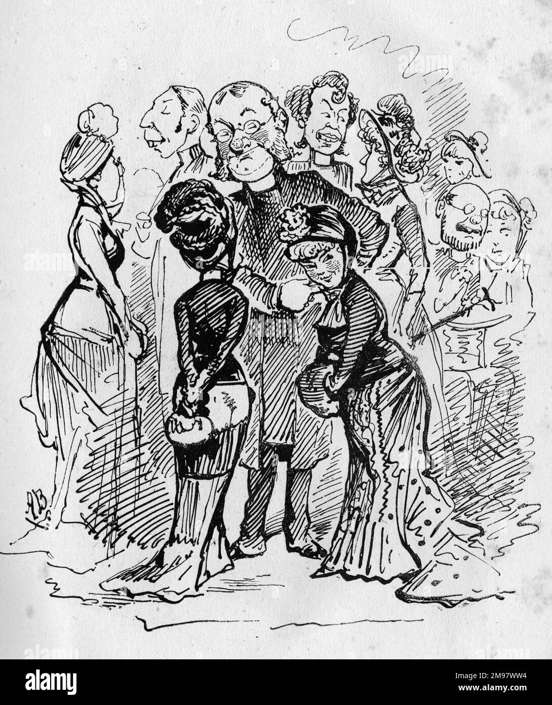 Cartoon, die Kirche und Bühnenvereinigung... verspielte Kätzchen! Die Kirche und Bühnenvereinigung wurde im Mai 1879 gegründet, um Vorurteile gegen das Theater und seine Darsteller aufzubrechen. Zum Zeitpunkt dieses Cartoons waren fast 500 Mitglieder aus der Geistlichen- und Theaterwelt dabei. Der Geistliche im Zentrum ist Stewart Headlam (1847-1924), Gründer der Gilde. Stockfoto