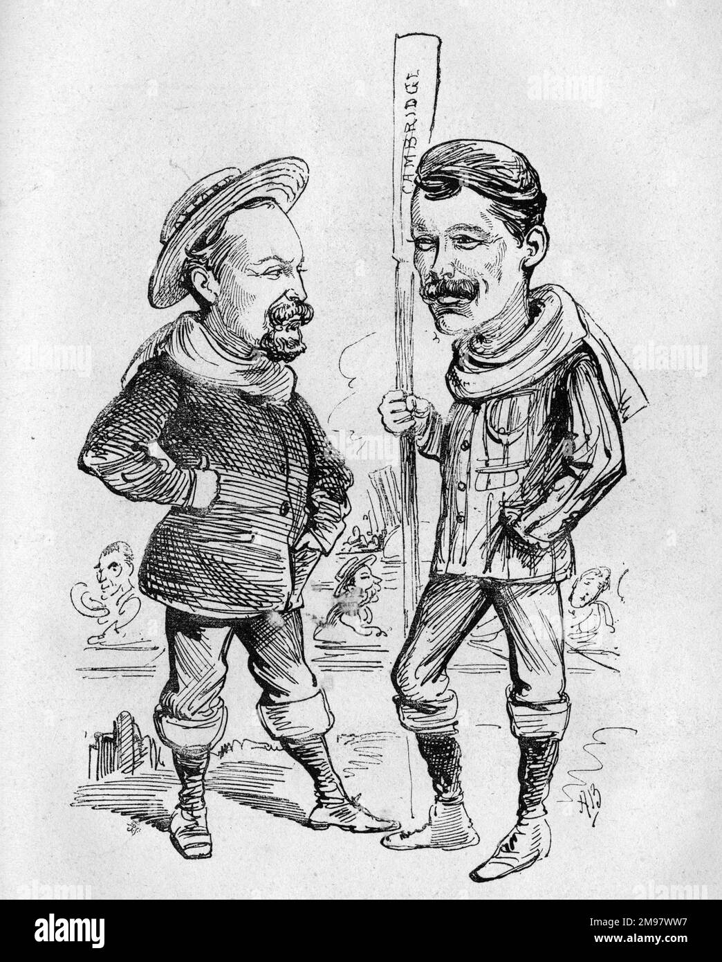 Cartoon von Jennings und Riley, Ruderer der Oxford- und Cambridge-Bootsmannschaften. Das Bootsrennen 39. fand am 1. April 1882 statt. Stockfoto