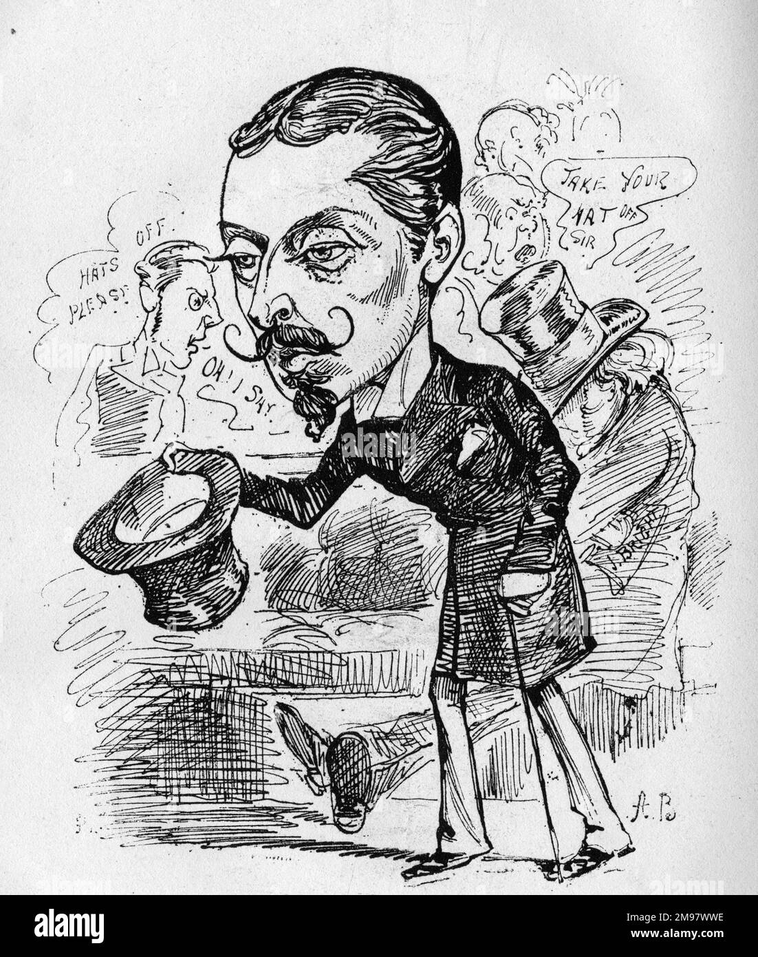 Cartoon von Prinz Leopold, Herzog von Albany (1853-1884), jüngster Sohn von Königin Victoria -- der königliche Hut-Trick. Ein Kommentar zu einer parlamentarischen Debatte über die Gewährung von mehr Geld für Prinz Leopold (und seine Braut) im Falle ihrer Hochzeit. Der Prinz war nicht persönlich anwesend, aber einige Abgeordnete, darunter der radikale liberale Abgeordnete John Bright (rechts), zeigten Respektlosigkeit, indem sie ihre Hüte nicht ablegten, während eine königliche Person Gegenstand der Debatte war. Es gab einige Einwände gegen die Gewährung von mehr Geld für den Prinzen, aber die Abstimmung war leicht zu seinen Gunsten zu führen. Stockfoto