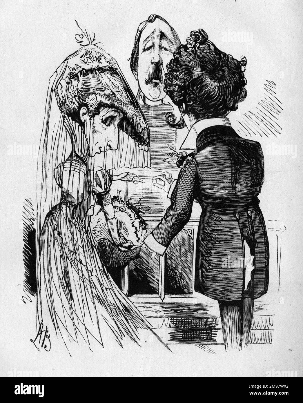 Cartoon von Sarah Bernhardt (1844-1923), legendärer französischer Schauspielerin, hier als Braut gesehen, mit dem Theatermanager John Hollingshead als Vikar. Sie heiratete 1882 Ambroise Aristide Damala (oder Aristides Damalas, 1855-1889), eine griechische Schauspielerin. Die Ehe war eine Katastrophe. Stockfoto