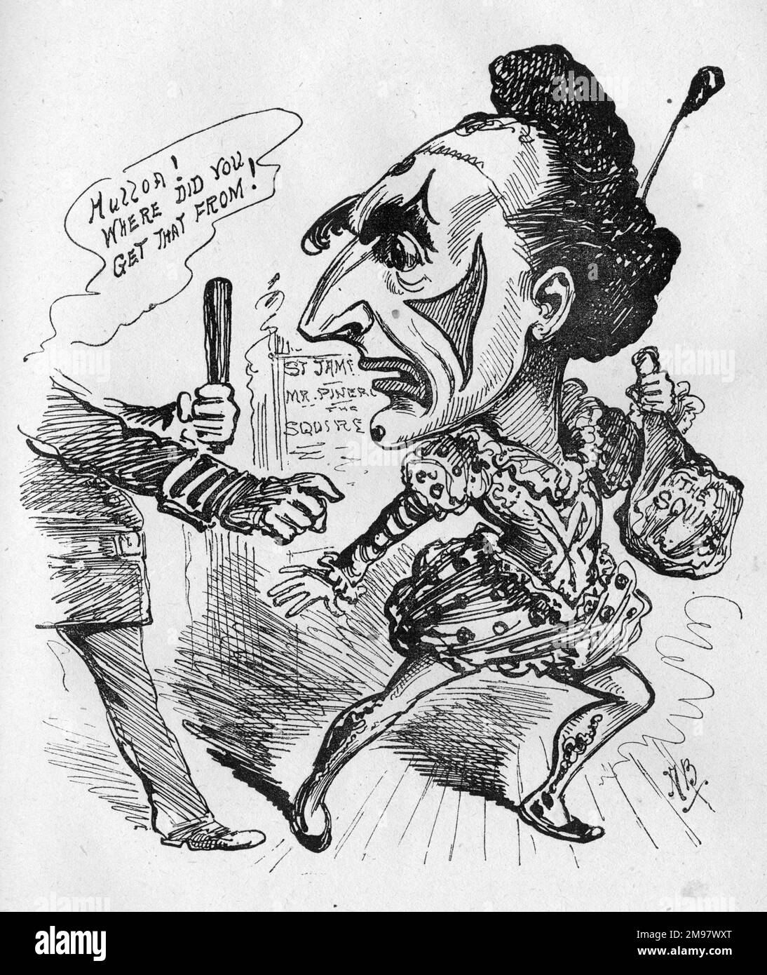 Zeichentrickfilm von Sir Arthur Wing Pinero (1855-1934), englischer Schauspieler, Dramatiker und Bühnendirektor. Hier wird ein weihnachtlicher Pantomime-Clown im St. James's Theatre in London gesehen, der ein Fleisch gestohlen hat, das den Namen "The Squire" trägt, ein Verweis auf seine Verwendung von Thomas Hardys Roman, weit entfernt von den Madding-Massen. Stockfoto
