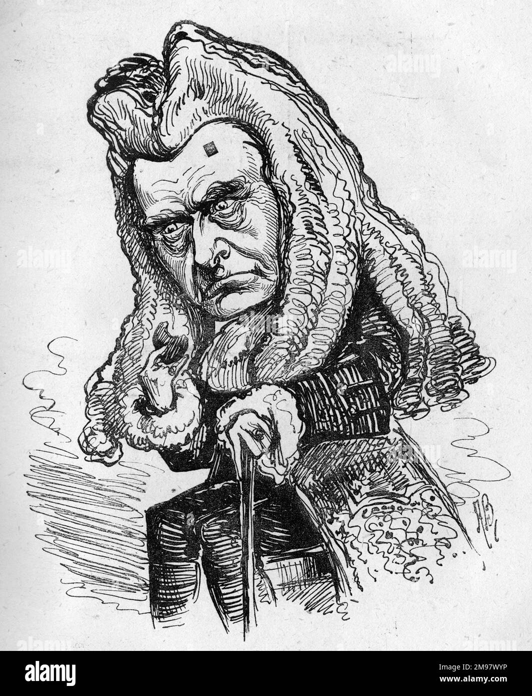 Cartoon von Arthur Cecil (1843-1896), englischer Schauspieler, Komiker, Dramatiker und Theatermanager. Hier gesehen als Colley Cibber in einer Produktion von Masks and Faces, geschrieben 1852 von Charles Reade und Tom Taylor. Stockfoto