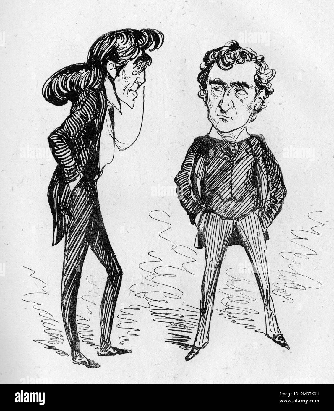 Cartoon, Rival Hamlets. Henry Irving (1838-1905) und Edwin Booth (1833-1893), ein englischer Hamlet und ein amerikanischer Hamlet, die sich zimperlich anschauen. Stockfoto
