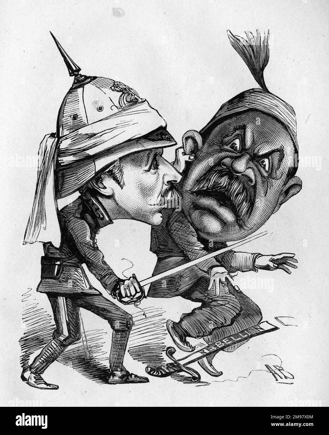 Karikatur von Sir Garnet Joseph Wolseley (1833-1913), britischer Befehlshaber der Armee, und Ahmad Arabi (Ahmed „Urabi or Orabi, Arabi Pascha, 1841-1911), ägyptischer Armeeführer. Hier gesehen während des angloägyptischen Krieges von 1882. Stockfoto