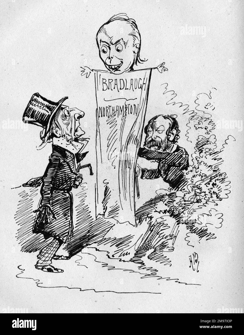 Cartoon Charles Bradlaugh, Atheist, Republikaner und liberaler Abgeordneter für Northampton, unterstützt von seinem Kollegen Henry Labouchere, aber eine beunruhigende Präsenz für den liberalen Führer W. E. Gladstone. Stockfoto