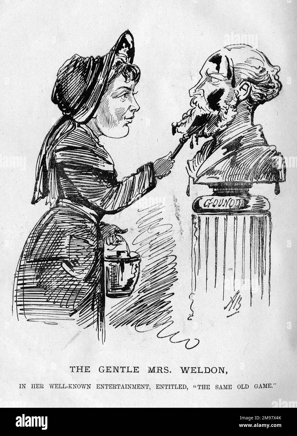 Cartoon, die sanfte Mrs. Weldon, trägt schwarze Farbe auf eine Porträtbüste des französischen Komponisten Charles Gounod (1818-1893). Georgina Weldon (1837-1914), klassische Sängerin, war häufig in Klagen und Verleumdungsklagen mit anderen Berufsverbrechern verwickelt, was bisweilen zu ihrer Freiheitsstrafe führte. Stockfoto