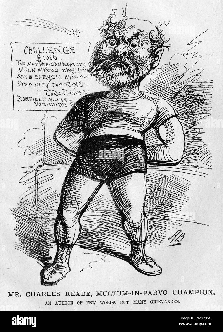 Cartoon von Charles Reade (1814-1884), Schriftsteller und Dramatiker. Multi-in-Parvo-Champion. Ein Autor von wenigen Worten, aber vielen Beschwerden. Stockfoto