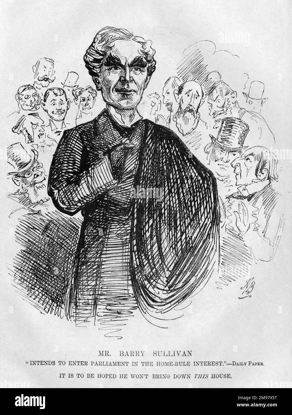 Cartoon von Barry Sullivan (1821-1891), englischer Schauspieler irischer Abstammung, der viele klassische Rollen spielte. 1882 stimmte er zu, von einem irischen Wahlkreis zum Thema "Grundsätze der Selbstbestimmung" für das Parlament nominiert zu werden. Stockfoto