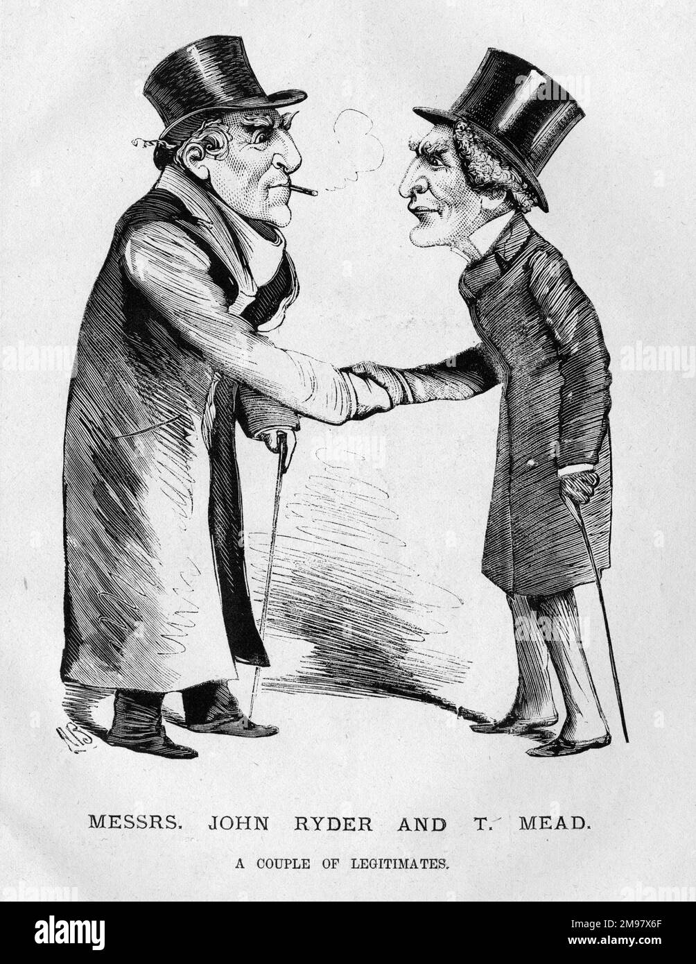 Cartoon, John Ryder (1814-1885) und Tom Mead (1821-1889), englische Schauspieler, die sich als ein paar Legitimationen die Hand schütteln (d. h. im „legitimen“ Theater arbeiten). Stockfoto