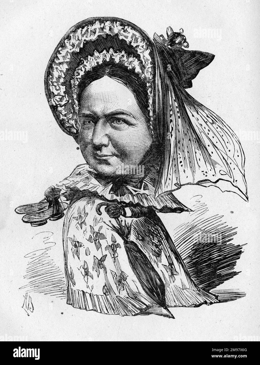 Cartoon von Charlotte Saunders (1825-1899), Schauspielerin, hier in der Rolle von Deborah Barton gesehen, in einem Melodrama von Frank Harvey, Frau gegen Frau. Stockfoto