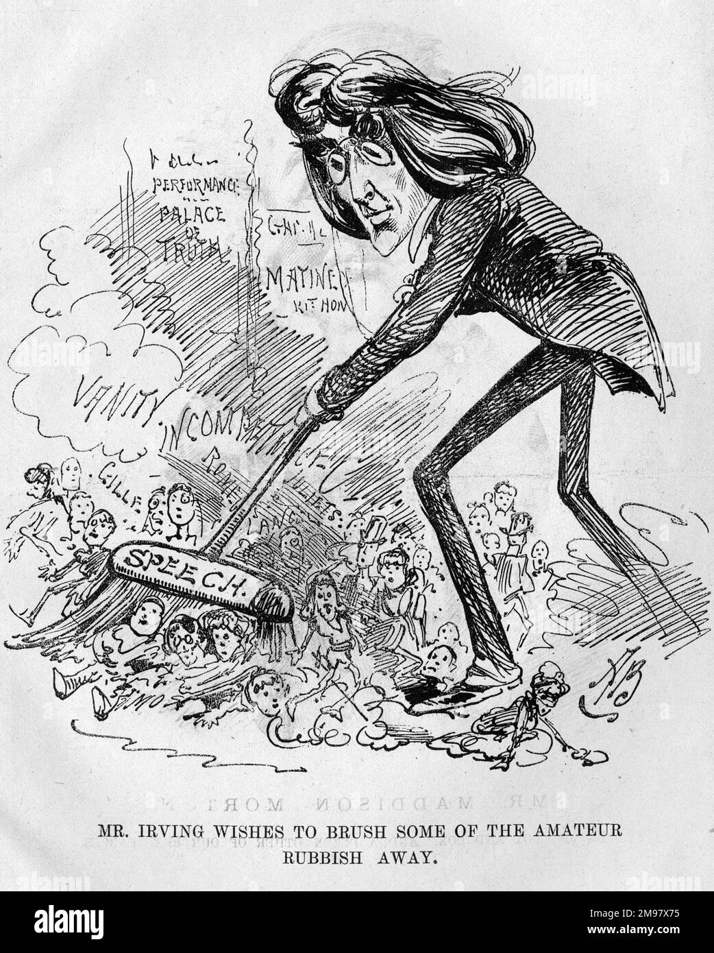 Die Karikatur des Schauspielerleiters Henry Irving (1838-1905), der den "Amateurmüll" vom Theater wegfegt. Stockfoto