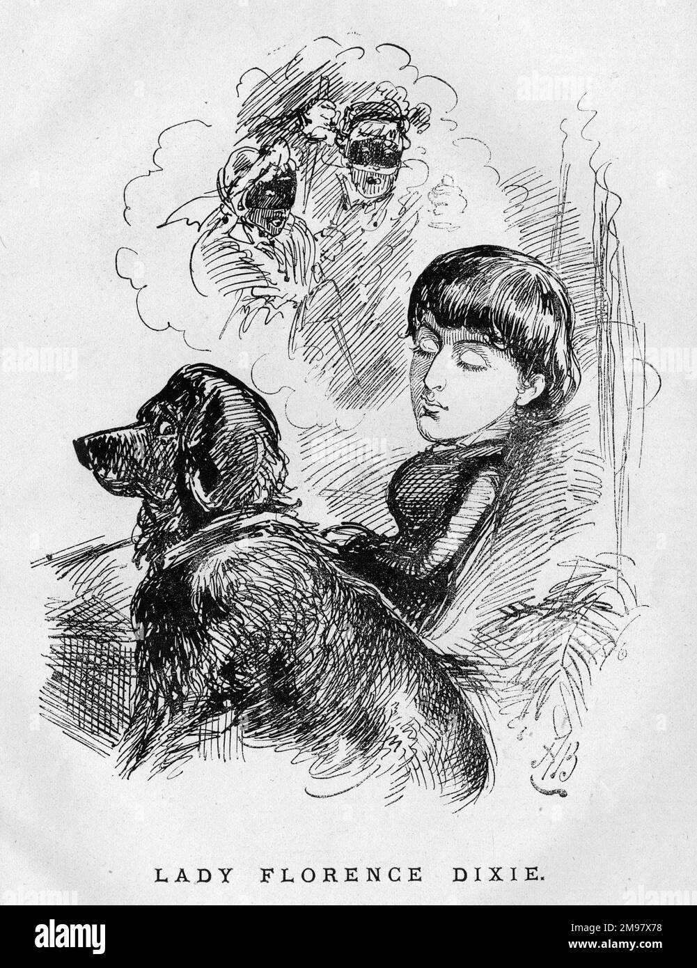 Cartoon, Lady Florence Caroline Dixie (Neo Douglas, 1855-1905), britischer Reisender, Kriegskorrespondentin, Schriftstellerin und Feministin. Im März 1883 behauptete sie, dass zwei als Frauen verkleidete Männer, nicht weit von Windsor entfernt, einen Mordversuch an ihr unternommen hätten, aber dass ihr Leben gerettet worden sei, als ein Bernhardiner-Hund sie rettete. Allerdings wurden aufgrund des Vorfalls schnell Zweifel aufkommen. Stockfoto