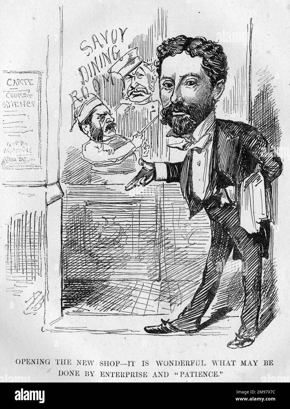 Cartoon, Richard d'Oyly Carte (1844-1901) als Oberkellner, mit W S Gilbert und Arthur Sullivan als Köchen, im Savoy Dining Room. Den neuen Laden zu eröffnen - es ist wunderbar, was man mit Unternehmergeist und Geduld machen kann. Ein Kommentar zum neuesten Angebot des Savoy Theatre. Stockfoto