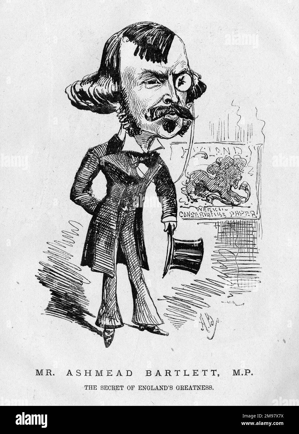 Karikatur von Sir Ellis Ashmead Bartlett (1849-1902), dem in den USA geborenen britischen konservativen Politiker, Abgeordneter von 1880 bis 1902. Beschrieben als das Geheimnis von Englands Größe. Stockfoto