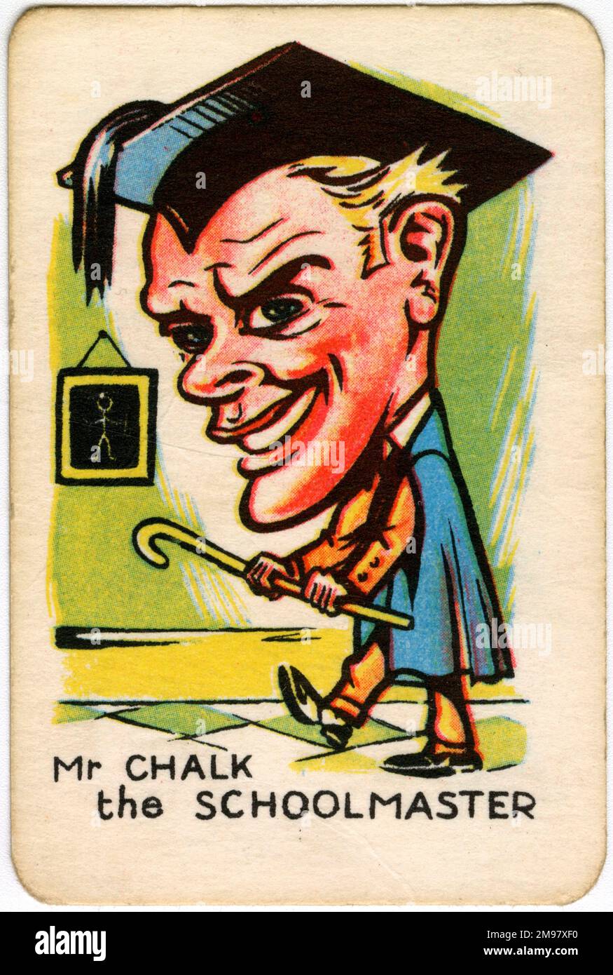 Glückliche Familien spielen Karten - Mr. Chalk, der Schulmeister. Stockfoto