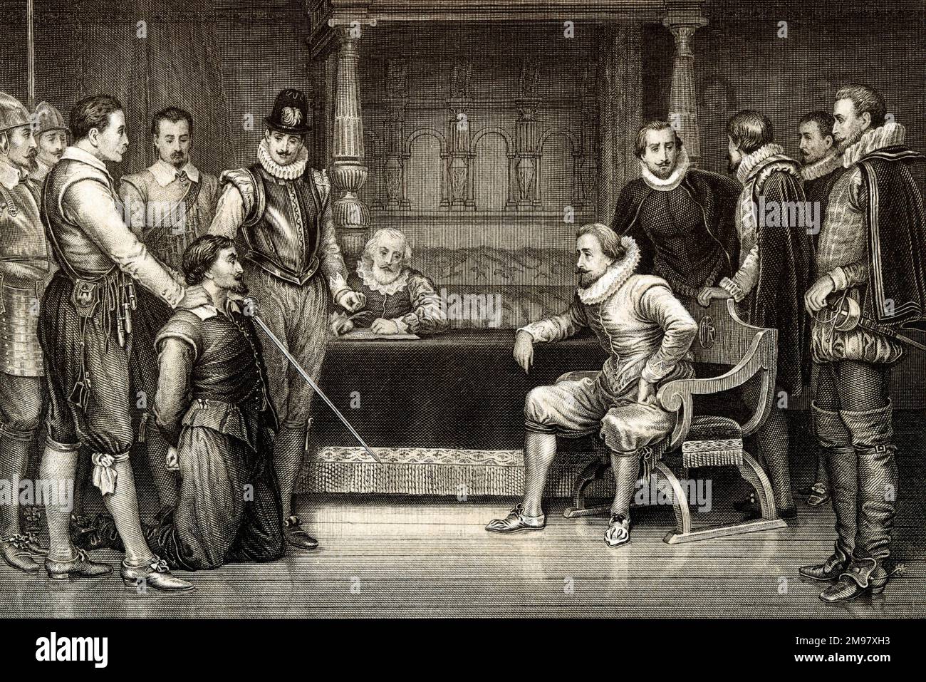 Guy Fawkes, verhört von König James I. und seinem rat in der Schlafkammer des Königs in Whitehall, London. Stockfoto