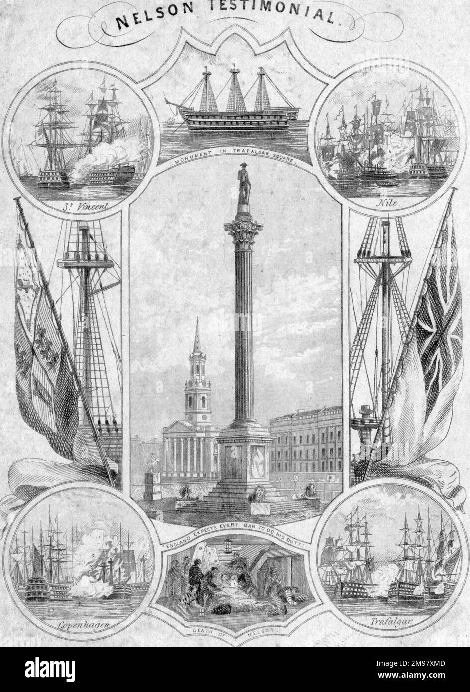 Horatio Nelson Testimonial -- das Gebäude von Nelsons Kolumne am Trafalgar Square zum Gedenken an Nelson und seine Errungenschaften. Stockfoto