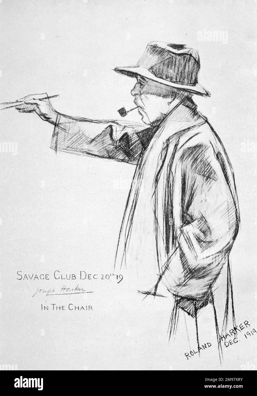 Joseph Cunningham Harker (1855-1927), ein Künstler aus der szenischen Theaterwelt, dargestellt auf einer Zeichnung seines Sohnes Roland auf einer Mitteilung des Savage Clubs, wahrscheinlich zu einer Weihnachtsfeier. Stockfoto