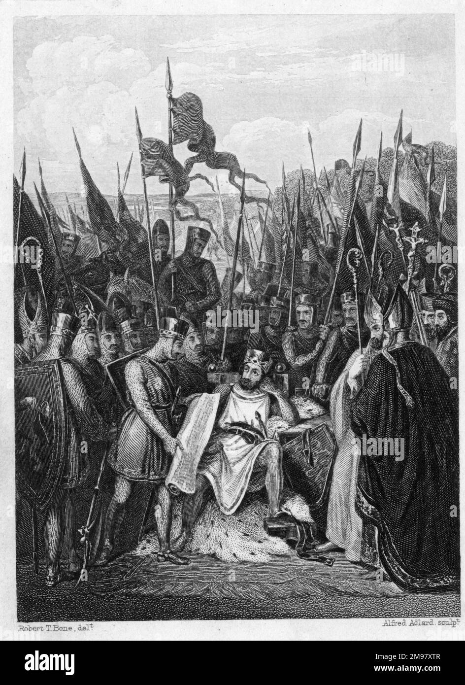 König John von England, der von den Baronen unter Druck gesetzt und von Aufständen bedroht wird, unterzeichnet widerwillig die große Charta auf der Themse-Insel Runnymede, 15. Juni 1215. Stockfoto
