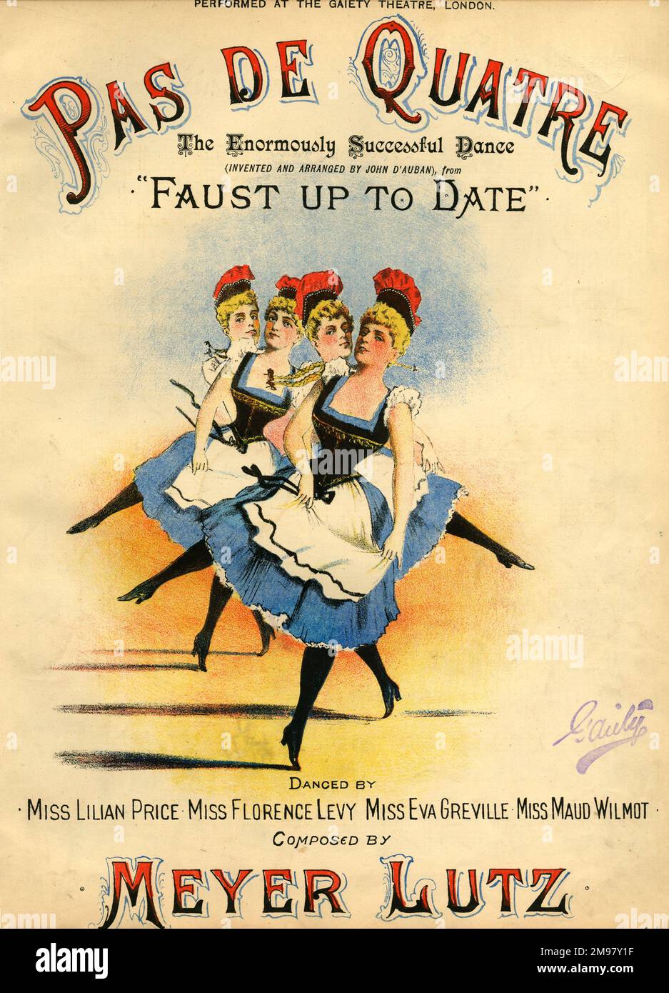 Musikcover, Pas de Quatre, erfunden und arrangiert von John d'Auban von Faust Up to Date, einer burlesken Parodie von Gounods Oper Faust, gespielt im Gaiety Theatre, London, komponiert von Meyer Lutz. Stockfoto