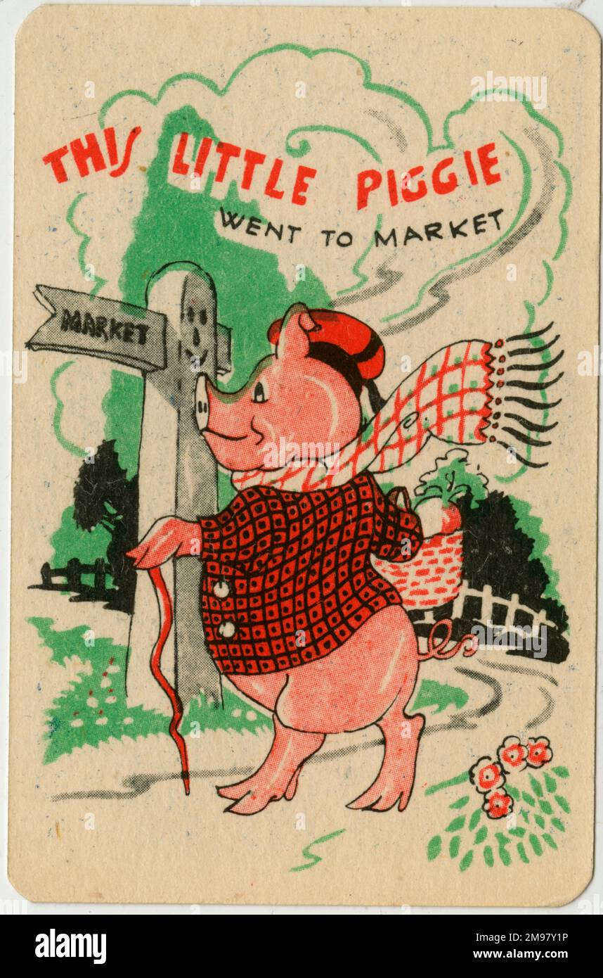 Kinderreim-Snap-Karte - Dieses kleine Schweinchen ging auf den Markt. Stockfoto
