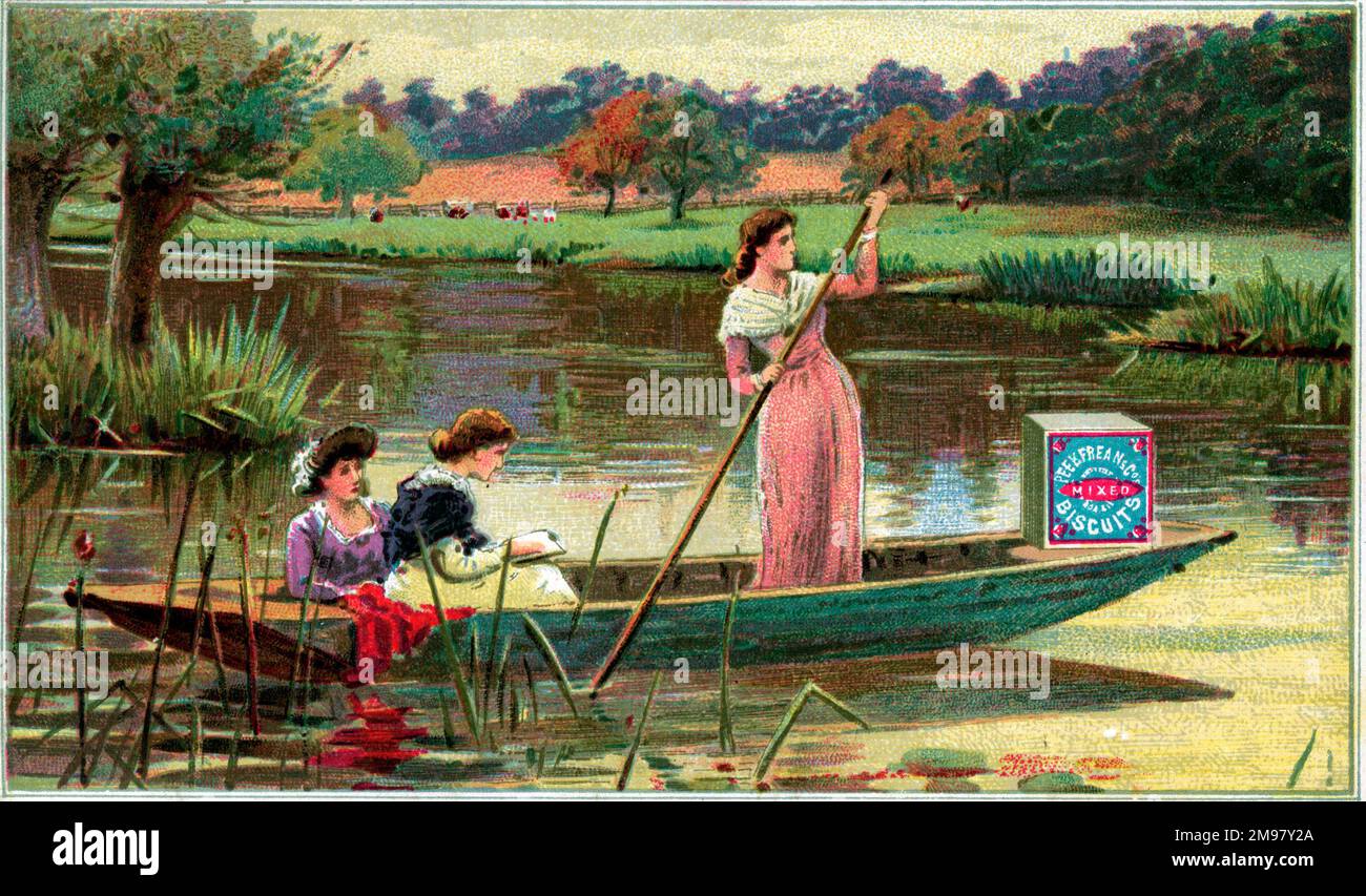 PEEK Frean Kekse Werbung Handelskarte - Kahnungen auf dem Fluss. Stockfoto
