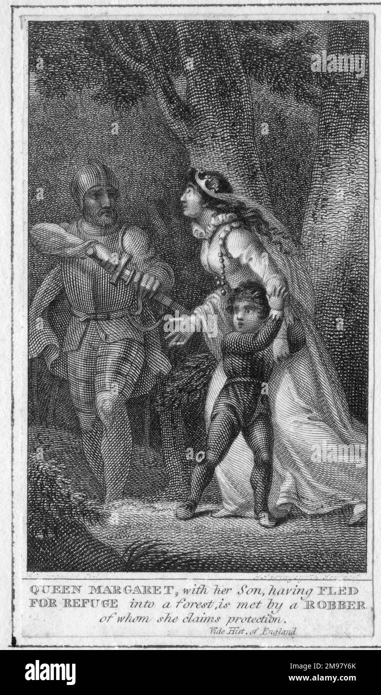 Königin Margaret von Anjou, Ehefrau von König Heinrich VI., die nach der Schlacht von Hexham (15. Mai 1464, Krieg der Rosen) mit ihrem Sohn Prinz Edward in einen Wald floh, trifft einen Räuber und bittet um Schutz. Diese Legende hat wenig Grundlage in der Realität, da Margaret zum Zeitpunkt der Schlacht nicht in England war. Stockfoto